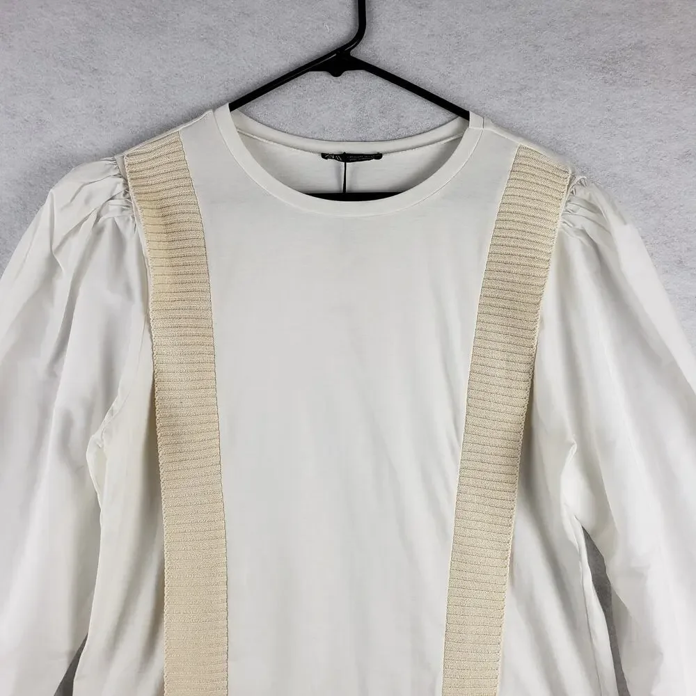 Zara Women's M Long Puff Sleeve Banded Blouse White Coastal Contemporary New‎